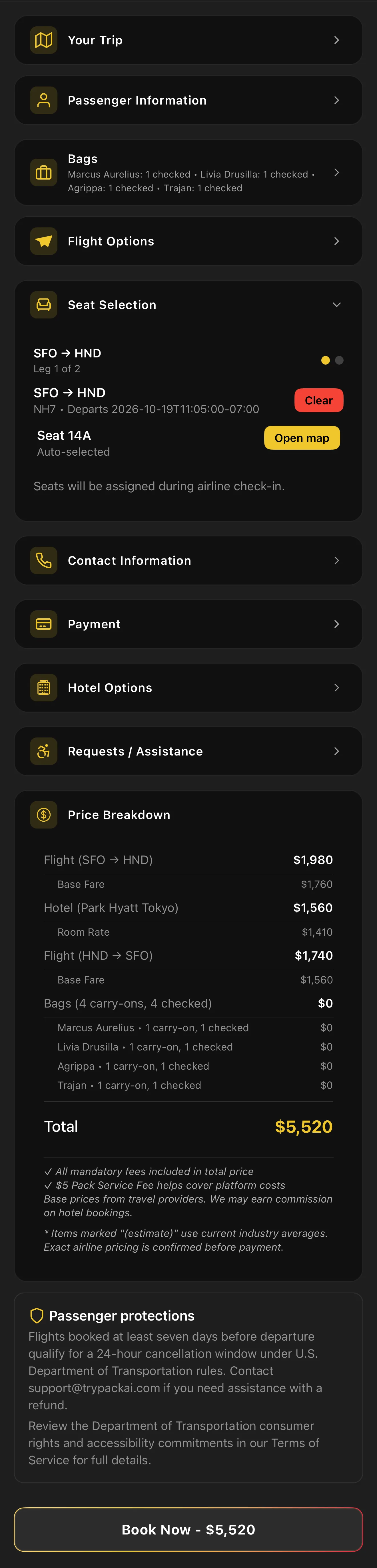 Pack booking: passengers, bags, seat selection, payment, hotel options, and the full price breakdown for the whole party in one checkout