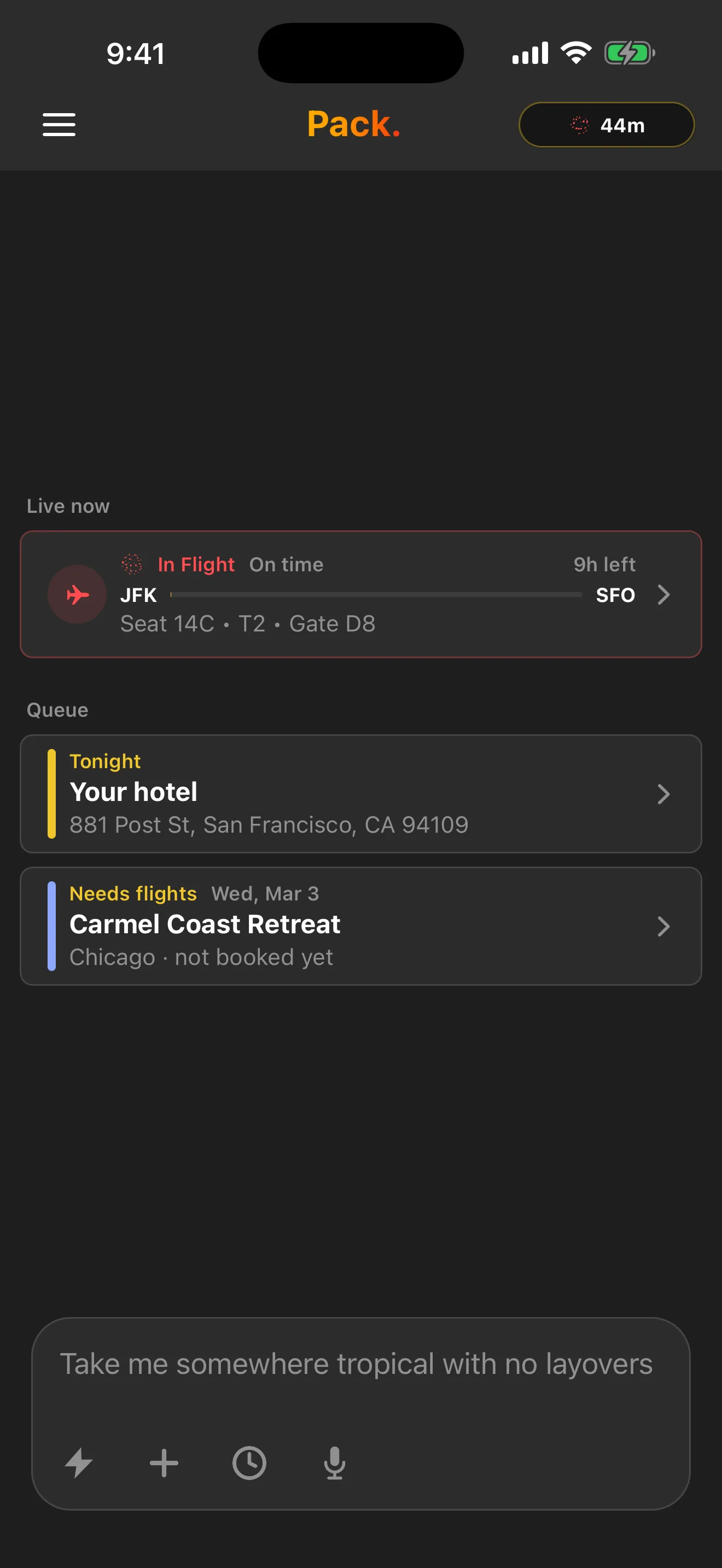 Pack home: a live in-flight Live Activity, tonight's hotel and the queue, and the composer ready for the next trip