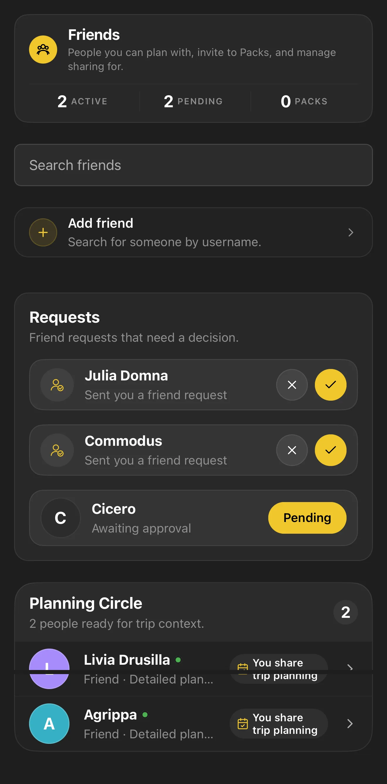 Pack packs: friends you plan with, friend requests, and the planning circle ready for trip context