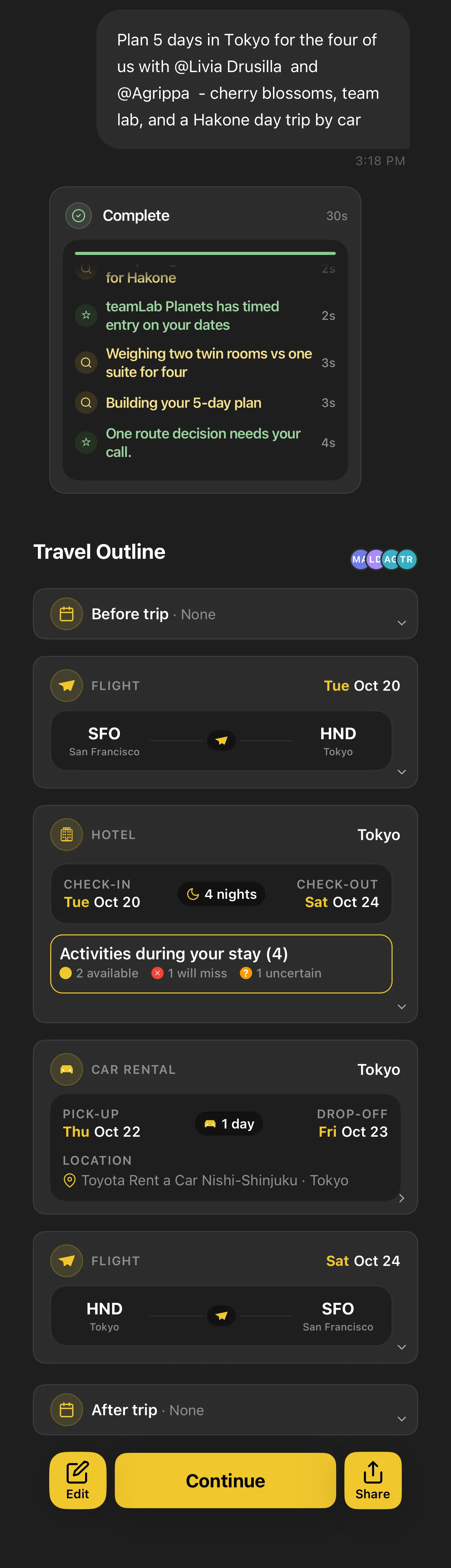 Pack planner: a Tokyo group-trip prompt with tagged friends becomes a full travel outline — flights, hotel with activity availability, car rental, and return