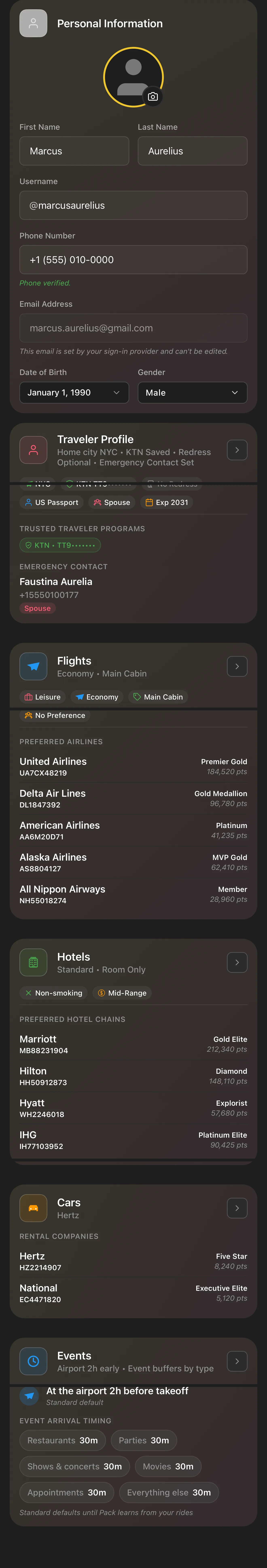 Pack profile and preferences: traveler profile, airline and hotel loyalty programs with points balances, rental car memberships, and event arrival buffers
