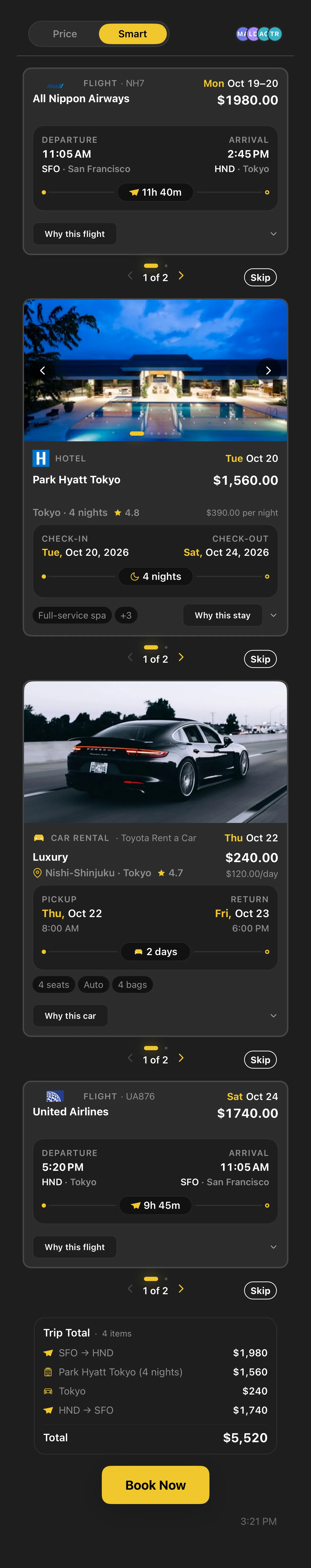 Pack search results: ANA first-class flight, Park Hyatt Tokyo with pool hero, Porsche Panamera rental, return flight, and the $5,520 trip total ready to book