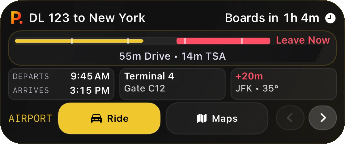 Pack flight Live Activity on the Lock Screen: boarding countdown, leave-by time, drive time, and security wait